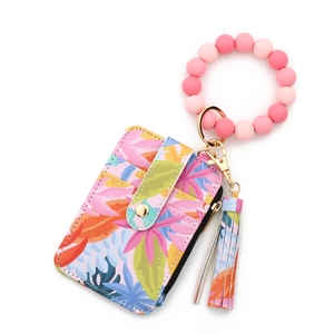 Floral PU leather card holder set with pink silicone bead bracelet and tassel keychain