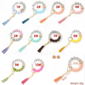 Silicone Beaded Wristlet Keychain With Tassel And Wood Bead Boho Bracelet Key Ring Fashionable Holder For Women Girls