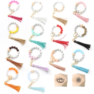 Multi-color silicone bead wristlet keychain with wooden bead and tassel in 14 styles