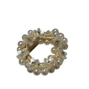 Elegant pearl mesh hair tie with camellia flower and rhinestones for high ponytail