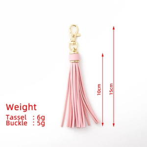 Pink PU leather tassel keychain detail with 10cm length and gold lobster clasp dimensions