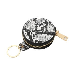 Étui rond en cuir PU motif serpent pour écouteurs avec bracelet porte-clés et zip doré