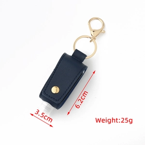 Detail view showing dimensions 3.5x6.2cm and 25g weight of the blue PU leather bottle holder
