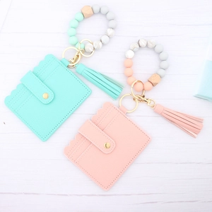 Silicone bead wristlet keychain with PU leather card holder and tassel in pastel colors
