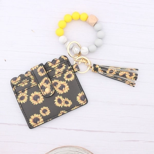 Silicone bead wristlet keychain with sunflower print card holder and PU tassel