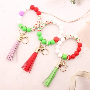 Christmas Silicone Bead Keychain Bracelet For Women Wood Bead Wristlet With PU Leather Tassel Santa Claus Reindeer Pattern Holiday Gift