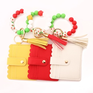 Silicone bead keychain bracelet set with leather card holder and festive tassels