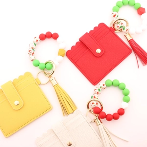 Silicone bead keychain bracelet with wavy leather wallet and tassels in multiple colors