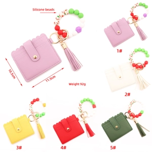 Silicone bead keychain bracelet with card wallet and tassel in multiple colors
