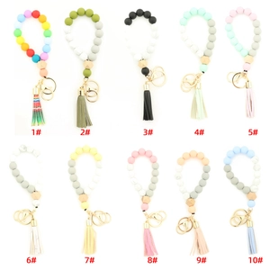 Colorful silicone bead bracelet keychain set with wood hex bead and leather tassel in 10 styles