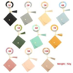 Silicone bead keychain bracelet set with PU leather wallet in 10 assorted colors