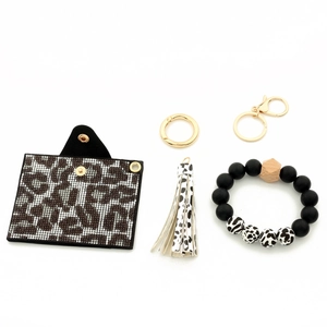 Leopard print rhinestone coin purse with silicone beaded keychain and fringe tassel