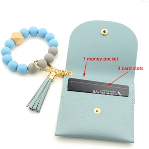 Silicone bead wristlet keychain with blue PU leather card wallet and stylish tassel