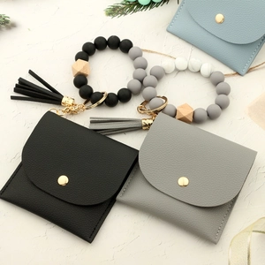 Silicone bead keychain bracelet set with PU leather wallet and tassel in three colors