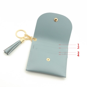 Morandi blue PU leather card holder with key ring, tassel charm and four card slots