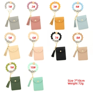 Porte-clés en perles de silicone avec porte-cartes et gland en cuir dix couleurs