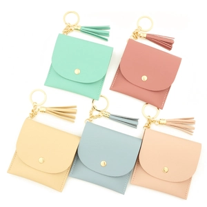Mini PU Leather Tassel Keychain Wallet Solid Color Coin Purse Card Holder With Metal Button For Women Accessories