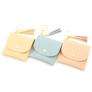 Minimalist PU leather keychain wallet with tassel and snap closure in pastel colors