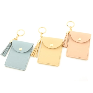 Litchi pattern PU leather card holder keychain wallets in blue, yellow and pink