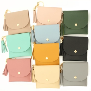 Litchi texture PU leather card wallets with tassels in ten diverse solid colors