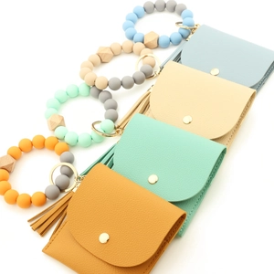 Silicone bead bracelet keychain with PU leather wallet and tassel in multiple colors