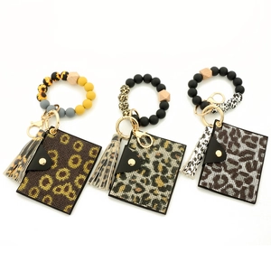 Silicone bead keychain bracelet with diamond leopard print PU leather card holder wallet