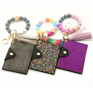 Silicone bead keychain set with glitter card holder, leather tassel and heart detail