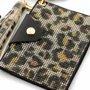 Leopard print rhinestone card holder with silicone bead bracelet and tassel keychain