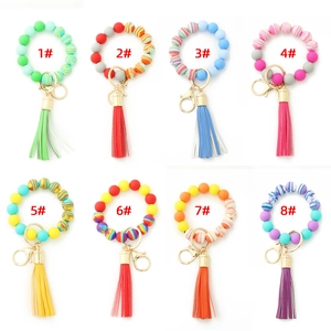 Bracelet Porte-clés en Perles de Silicone Avec Perle en Bois de Hêtre Gland en Cuir Motif Marbré Coloré pour Femmes Bijoux