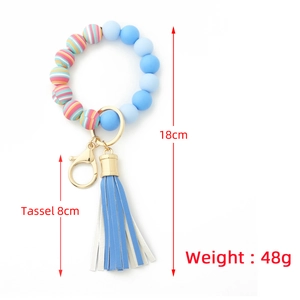 Bracelet porte-clés en perles de silicone bleues avec pompon en cuir, longueur 18cm
