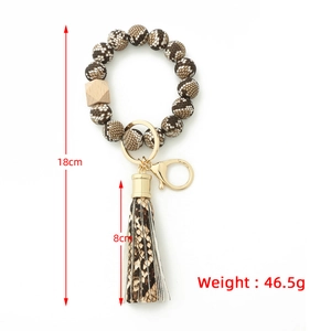 Porte-clés bracelet en perles silicone imprimé serpent marron avec perle en bois et gland