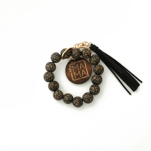 Porte-clés en perles de bois léopard avec gland noir et étiquette gravée MAMA en bois