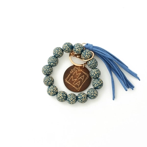 Bracelet porte-clés perles léopard bleu avec pendentif gravé MAMA et pompon doux