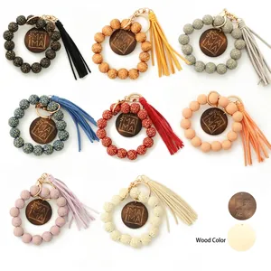 Porte-clés Bracelet en Perles de Bois Imprimé Léopard avec Gland et Plaque en Bois Gravée Mama pour Femme