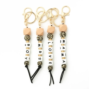 Silicone bead keychain set with wood discs and letter charms for MAMA and MRS