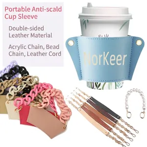 Insulated PU leather coffee cup sleeves with acrylic chains and pearl handles in multiple colors