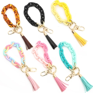 Colorful acrylic resin link wristlet keychain with leather tassels in six vibrant color styles