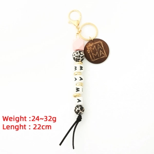 Silicone bead keychain wristlet with MAMA letter beads and wooden tag with tassel