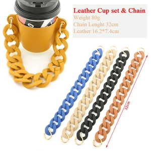 Close-up of colorful resin thick chains and PU leather cup holder with dimensions