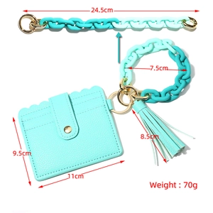 Mint green card holder keychain with acrylic chain bracelet and tassel accessory