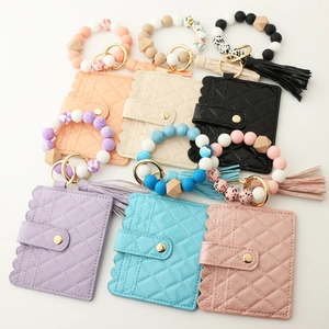 Quilted leather card holder keychain set with silicone beaded wristlets in six colors