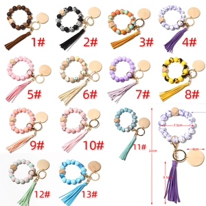 Silicone Beads Keychain Wristlet For Women With Beech Wood Bead Leather Tassel And Round Wood Disc Bracelet Key Ring Holder