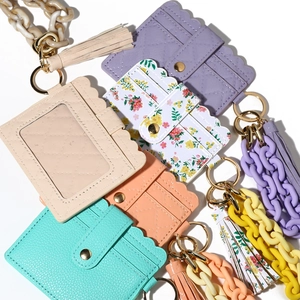 Chic quilted PU leather card holders with colorful acrylic chains and tassel keychains