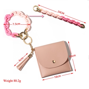 Pink PU leather wallet keychain set with acrylic resin chain and leather tassel