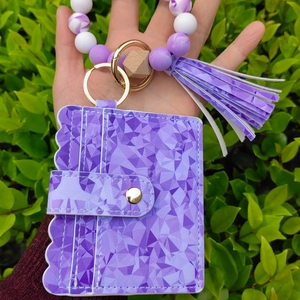 Purple geometric floral card holder set with silicone marble beads and purple tassel