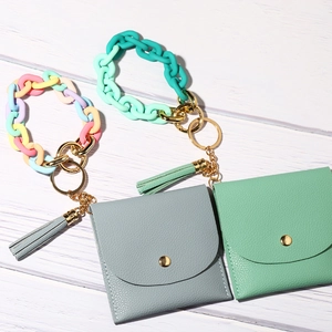 Litchi pattern PU leather wallets with colorful acrylic chain wristlets and tassels