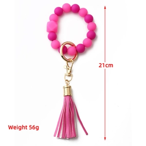 Luminous silicone bead keychain with leather tassel and metal buckle, 21cm long