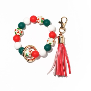 Christmas silicone beaded keychain bracelet with Santa print beads and red leather tassel