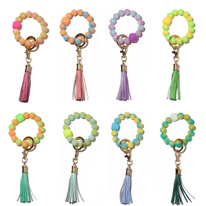 Luminous silicone bead wristlet keychain with leather tassel in eight gradient colors