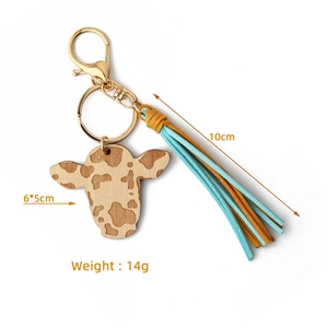 Western wooden bull head keychain with blue orange suede tassels and golden carabiner clip
